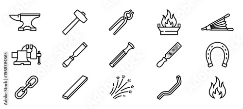 Collection of fifteen black outline icons representing various blacksmith tools and related items, presented in a clean, modern style