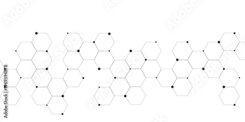 Molecular structure abstract tech background. Geometric white background. Vector banner design with hexagons. Science network pattern, connecting lines and dots Medical background, Vector illustration