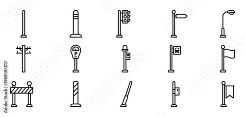 Collection of fifteen black outline icons representing various street elements and poles, displayed in a clean, minimalist style