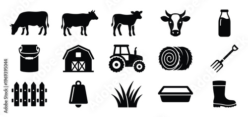 Various black farm and agriculture related icons are neatly arranged in rows on a clean white surface