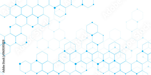 Molecular structure abstract tech background. Geometric white background. Vector banner design with hexagons. Science network pattern, connecting lines and dots Medical background, Vector illustration