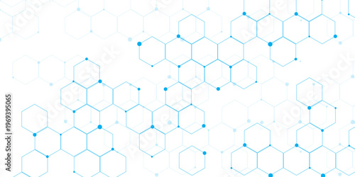Molecular structure abstract tech background. Geometric white background. Vector banner design with hexagons. Science network pattern, connecting lines and dots Medical background, Vector illustration