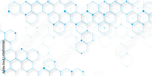 Molecular structure abstract tech background. Geometric white background. Vector banner design with hexagons. Science network pattern, connecting lines and dots Medical background, Vector illustration