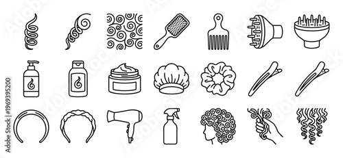 Collection of black outline icons representing various curly hair care products and styling tools, presented in a clean, minimalist style