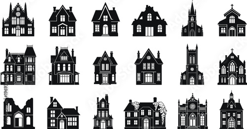 Set of various black house silhouettes, church buildings, old mansions, and cottage icons isolated on white background, architecture vector design elements.