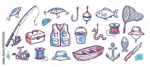 Collection of hand-drawn fishing equipment and accessories, including rods, lures, hooks, and a boat, in a vibrant sketch style