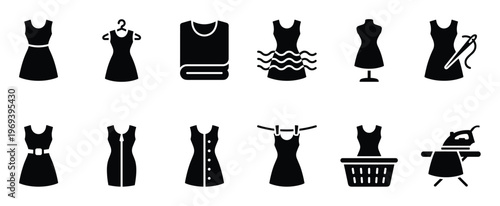 Collection of black dress icons illustrating various aspects of clothing, fashion, and laundry processes