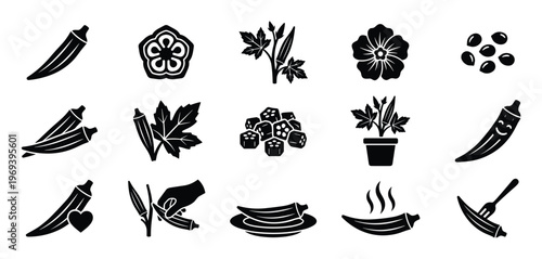Collection of black and white okra icons depicting various forms of the vegetable, plant, and seeds