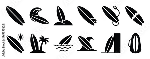Collection of black surfboard icons depicting various surfing scenarios and equipment in a clean graphic style