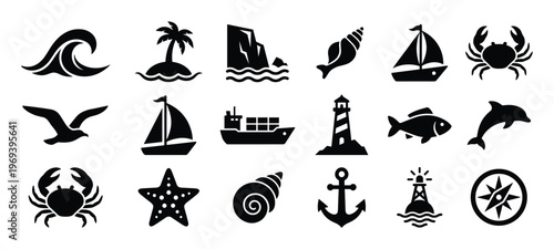 Collection of twenty black silhouette marine and nautical icons, including waves, boats, and sea creatures, presented in a clean, graphic style