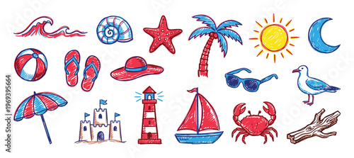 Vibrant collection of hand-drawn summer beach elements, including a sun, moon, waves, and various marine life, rendered in a playful sketch style