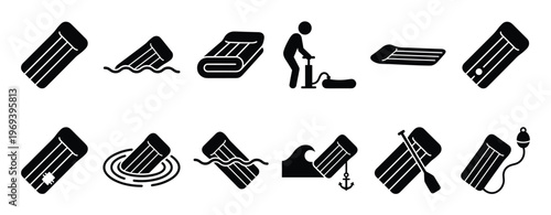 Collection of black silhouette icons depicting various states and actions related to an inflatable air mattress