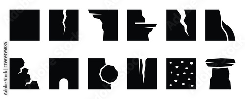 Collection of ten distinct black and white silhouette icons representing various rock and cave formations, presented in a clean, minimalist style