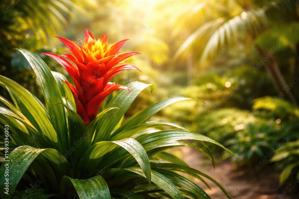 Obraz premium Close up of a vibrant Guzmania tropical plant with evergreen grass like leaves on a warm climate background featuring ample copy space