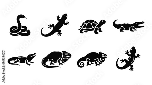 A collection of reptile silhouettes including snakes lizards turtles alligators and chameleons presented in black and white silhouette high quality professional