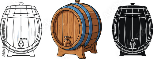 Wooden, wine, barrel, vector, illustration, set, oak, keg, beer, brewery, vintage, whiskey, drink, alcohol, isolated, tap, sketch, outline, silhouette, white,