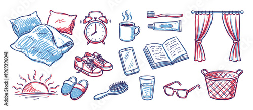 Various hand-drawn daily routine objects are depicted in a doodle style with red and blue accents, illustrating morning activities