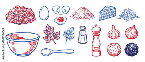 Collection of hand-drawn red and blue kitchen ingredients and cooking utensils in a doodle style