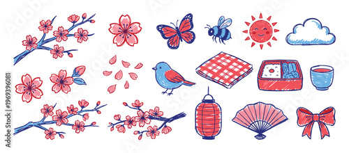 Collection of hand-drawn Japanese spring and picnic elements, including cherry blossoms, a bird, butterfly, and bento box, in a playful doodle style