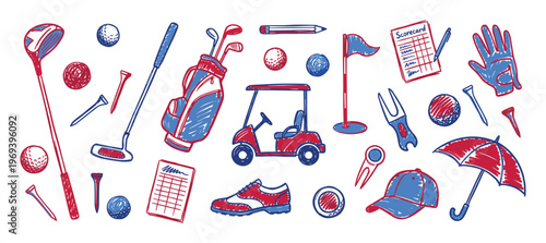 Collection of red and blue golf equipment and accessories in a hand-drawn sketch style, featuring clubs, balls, and a golf cart