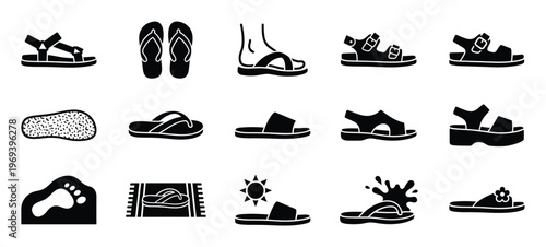 Collection of black and white silhouette icons depicting various types of sandals and flip-flops, presented in a clean, graphic style