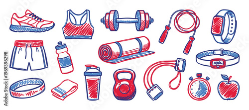 Collection of hand-drawn fitness and gym equipment in red and blue sketch style, including sneakers, dumbbells, and a yoga mat