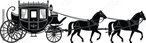 Vintage black horse drawn carriage silhouette illustration with two horses for elegant royal transportation, classic Victorian wedding and antique travel concept.