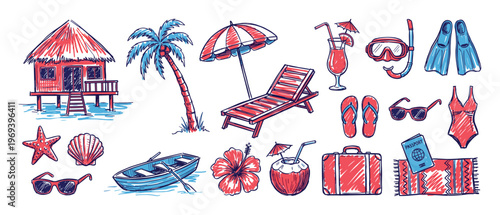 Collection of hand-drawn red and blue summer vacation items, including a beach hut, palm tree, and various accessories, in a vibrant sketch style