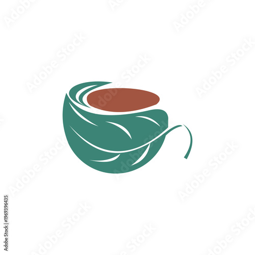A soothing and clever minimalist logo in sage green and earthy brown, depicting a cup and saucer formed from a leaf