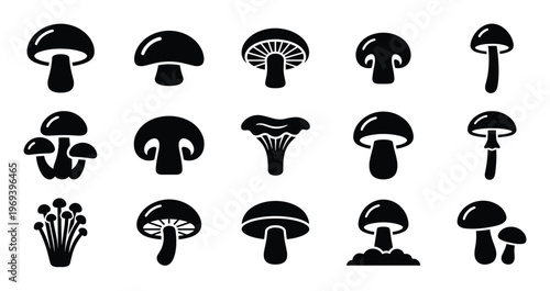 Collection of various black silhouette mushroom icons displayed in a clean, minimalist vector illustration style