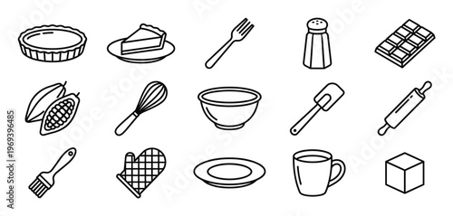 Collection of black outline baking and cooking icons, including a pie, whisk, bowl, and chocolate bar, presented in a clean, simple style