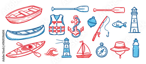 Various red and blue hand-drawn nautical and boating elements are arranged neatly on a white surface, depicting a collection of marine-themed items