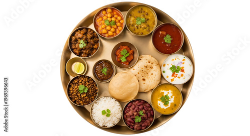 Traditional Indian Veg Thali top view isolated on white background. Assorted small bowls containing lentil dal, chickpeas, kidney beans, vegetable curries, curd raita, steamed rice and fresh parathas.