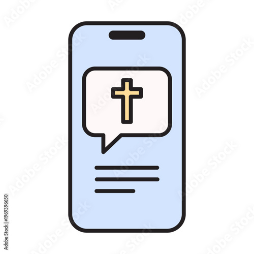 Vector illustration of a smartphone displaying a text message containing a christian cross symbol. Linear style with color fill, featuring editable strokes.