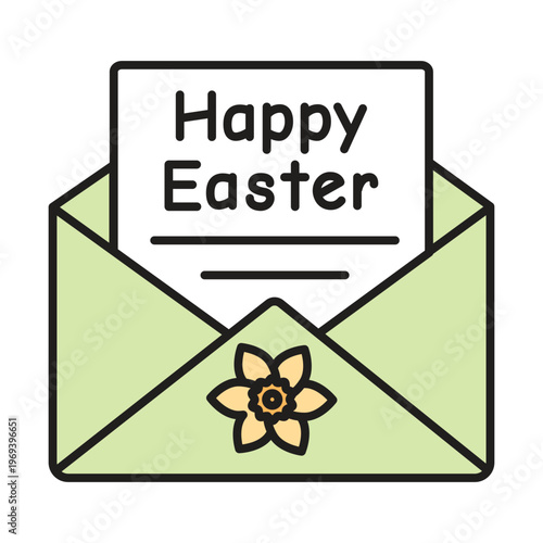 Vector flat icon of an open green envelope with a Happy Easter greeting card and a flower seal. Modern line art with color fill and editable stroke.