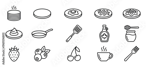 Collection of breakfast food and cooking utensil line art icons, including pancakes, fruit, and syrup
