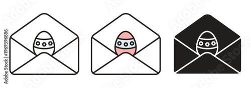 Vector icon set of Easter egg in an envelope. Features editable stroke line art, flat color, and solid silhouette versions in a clean minimalist style.