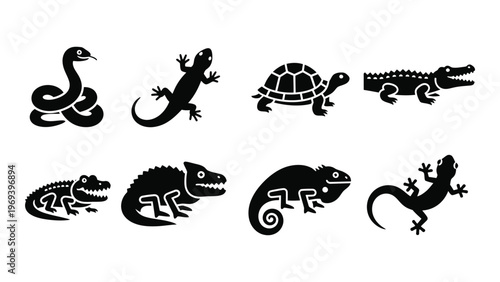 A collection of various reptile silhouettes including snakes lizards turtles and crocodiles in a simple design silhouette high quality professional detailed