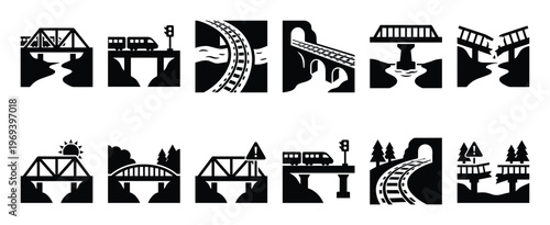 Collection of black and white bridge and railway icons depicting various structures and scenarios