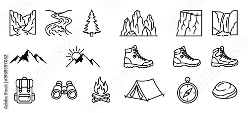 Collection of black outline icons depicting various outdoor and hiking elements, including mountains, rivers, trees, boots, and camping gear