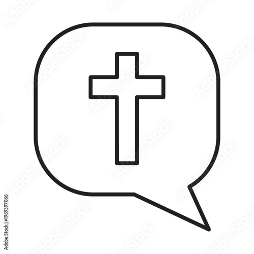 Vector linear icon featuring a christian cross inside a speech bubble with editable stroke, representing faith communication or easter message.
