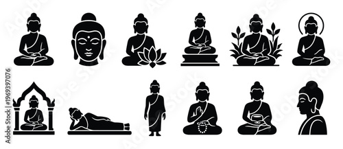 Collection of various black silhouette Buddha icons in different poses and styles, depicted with clean lines