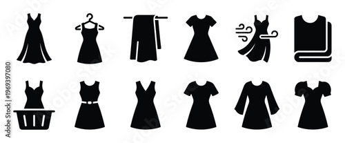 Collection of black silhouette dress icons showing various styles and laundry related activities in a clean graphic design