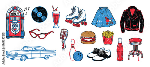 Various hand-drawn retro 1950s objects, including a jukebox, car, milkshake, and poodle skirt, are depicted in a vibrant, nostalgic style