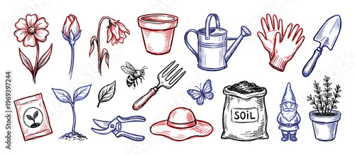 Various hand-drawn gardening tools and plants, including a watering can, flowers, and a garden gnome, are neatly arranged in a vibrant sketch style
