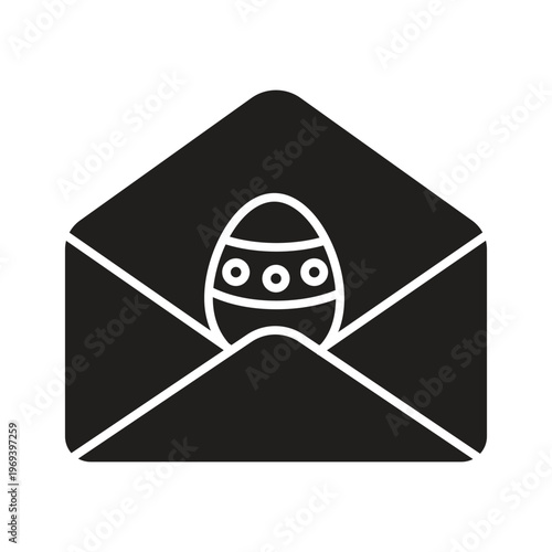 Solid vector icon of an open envelope containing a decorated Easter egg. Minimalist silhouette style for holiday greetings, invitations and spring mail symbols.