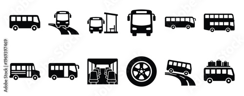 Various black silhouette bus icons are arranged neatly, depicting different types of public transportation vehicles and related elements