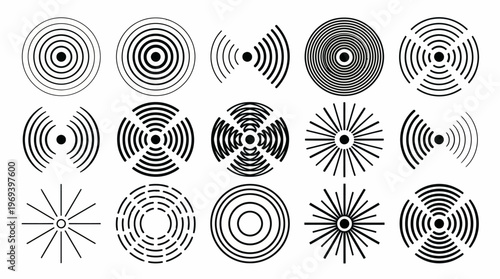 "Abstract Wave Circle Vector Illustration with Concentric Ripple Patterns Black and White Geometric Design for Physics Acoustics Visual Art Digital Graphic Elements"
