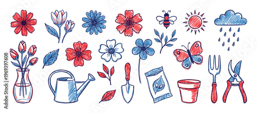 Collection of hand-drawn red and blue gardening elements including flowers, tools, and nature symbols, rendered in a sketch style