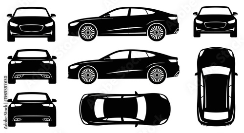 Black Silhouette Car Views: Front, Side, Top, Rear - Vector Illustration